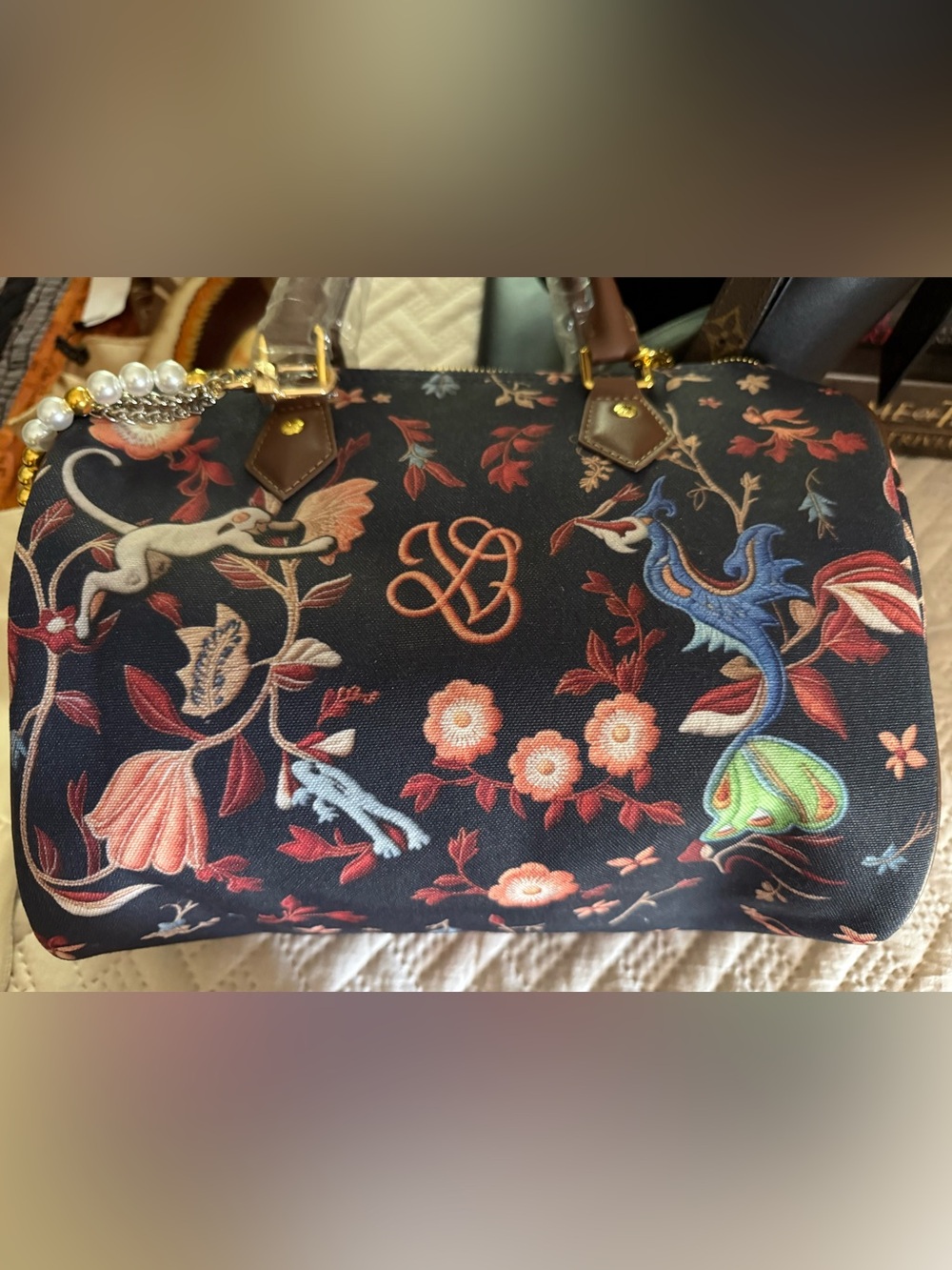 Fashionable Floral Navy Satchel with Matching Wristlet & Pearl Bag Chain